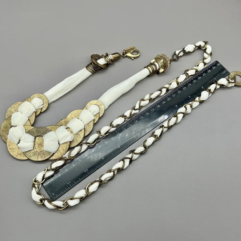 Chico's Belt Women Gold Tone White Fabric Chain Link Woven Medallion 44 Inches
